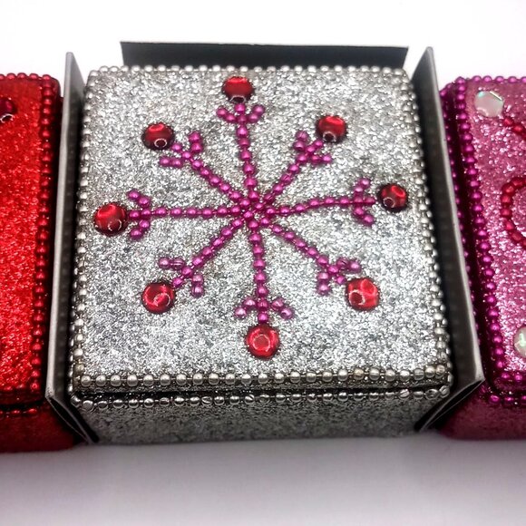 Set Of 3 Pier 1 Imports Jeweled Beaded Holiday Gift Ring Boxes Red Silver Pink - Picture 4 of 13